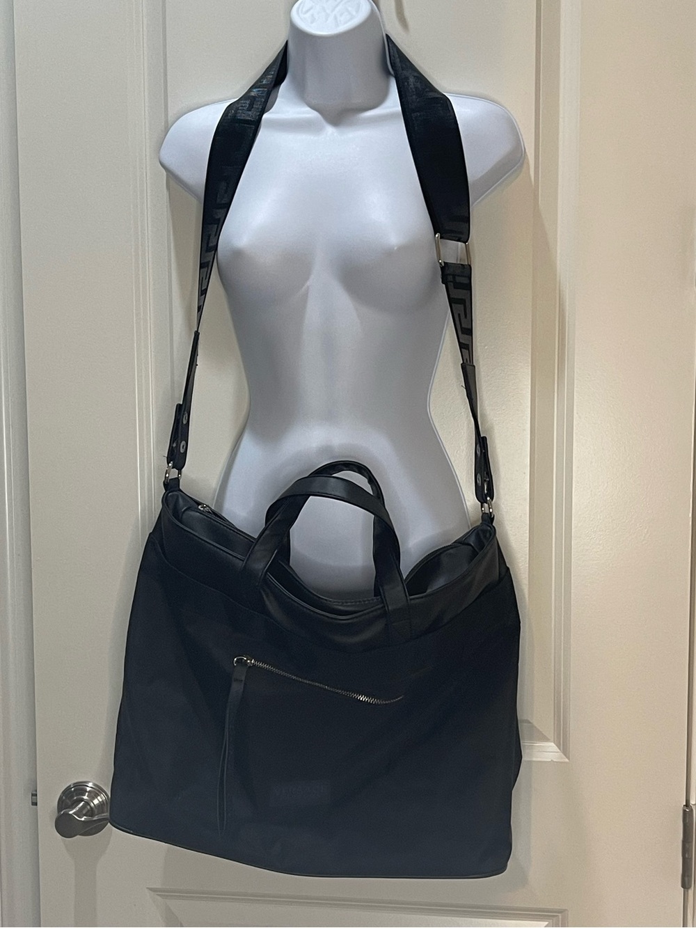 Versace Parfums Black Tote with Wide Adjustable Logo Strap 14x17